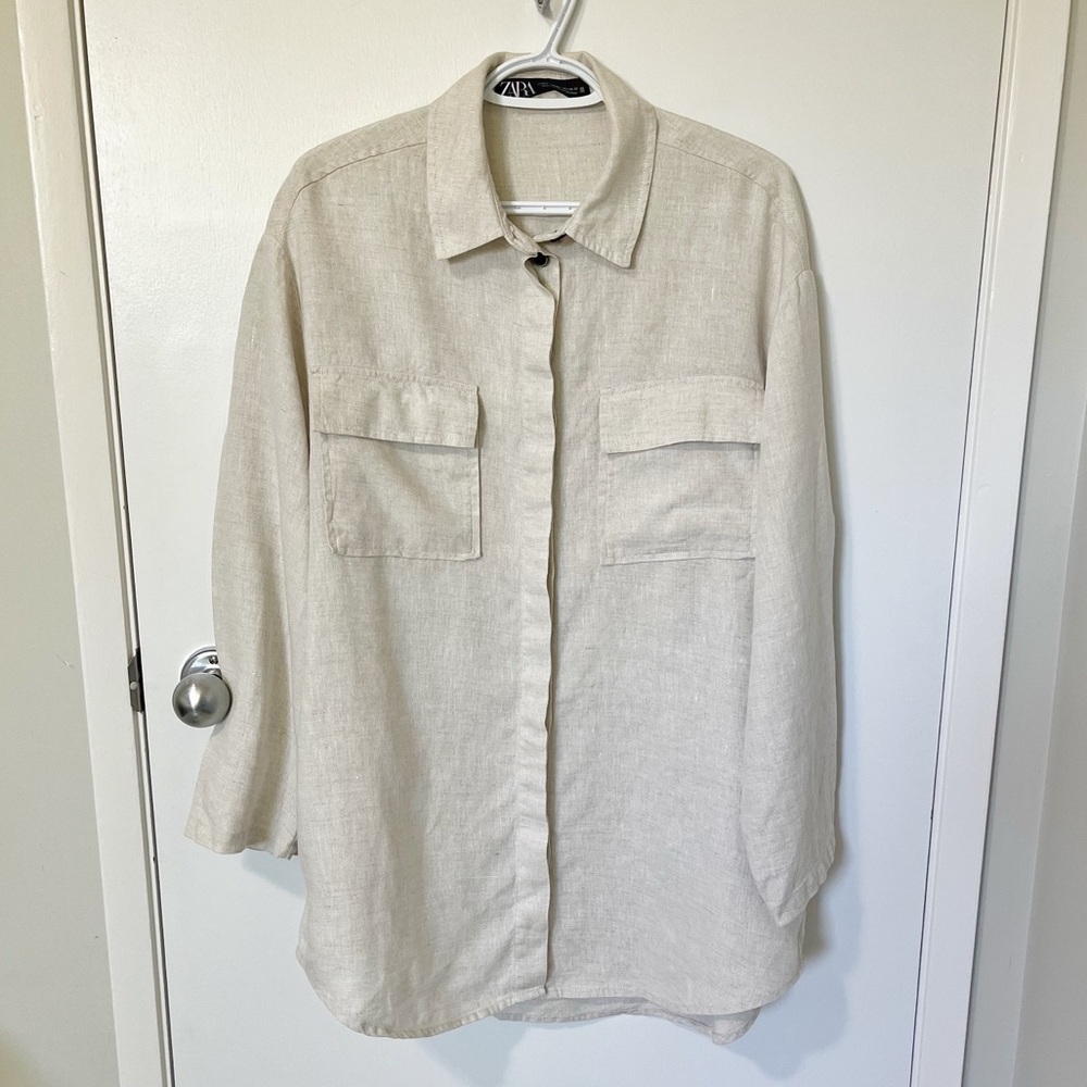 Zara Linen Oversized Button Down Overshirt Sand Tan size Medium / Large